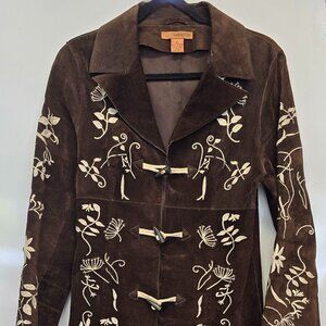 Arden B Brown 100% Leather Trench Coat with Cream Embroidery